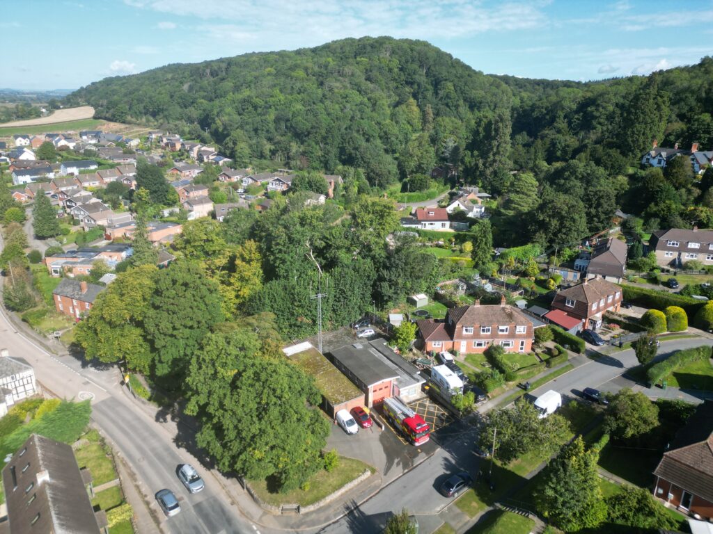 Fire station taken from high above showing position in countryside