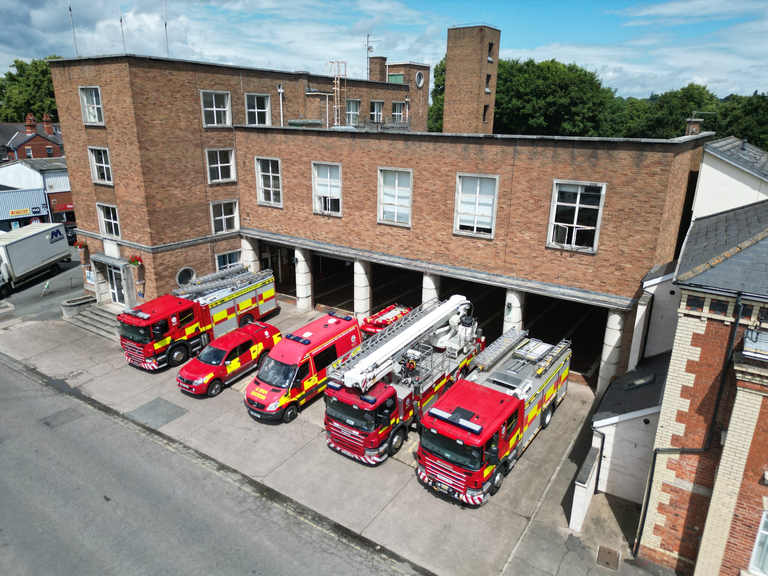 image taken from drone of Hereford fleet of fire vehicles