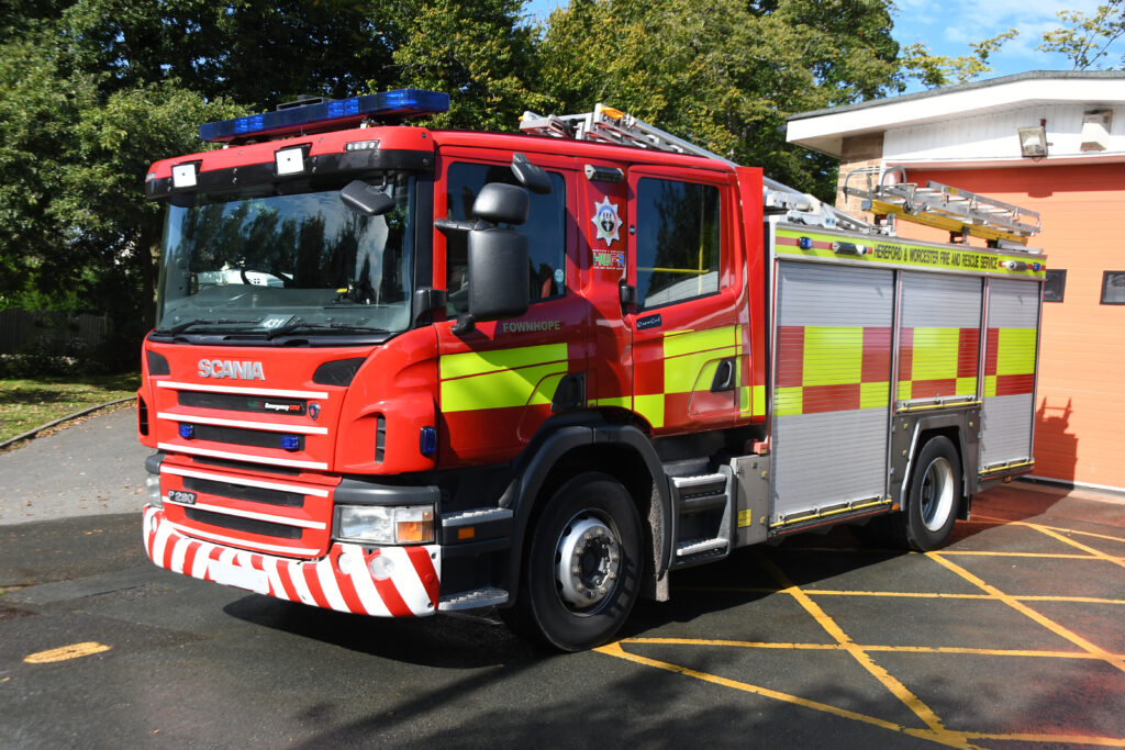 Fire engine in front of bay