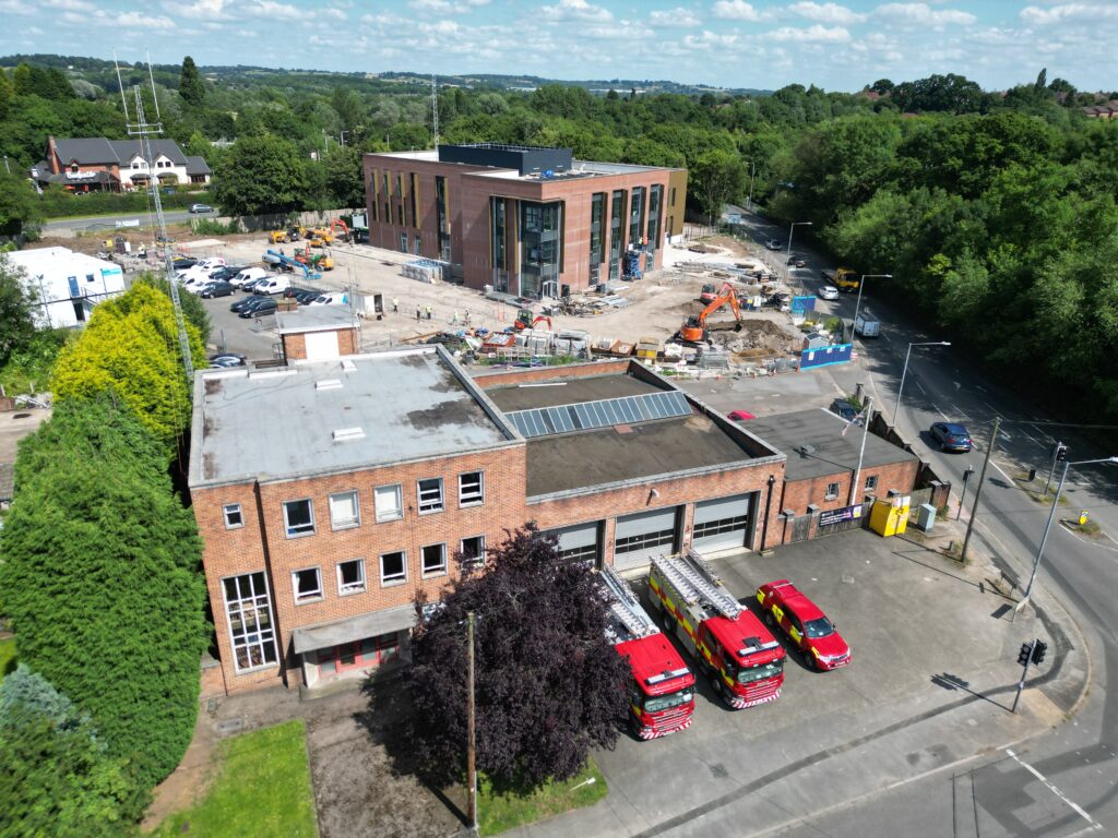 Drone photograph showing old and new build fire stations