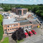 Drone photograph showing old and new build fire stations