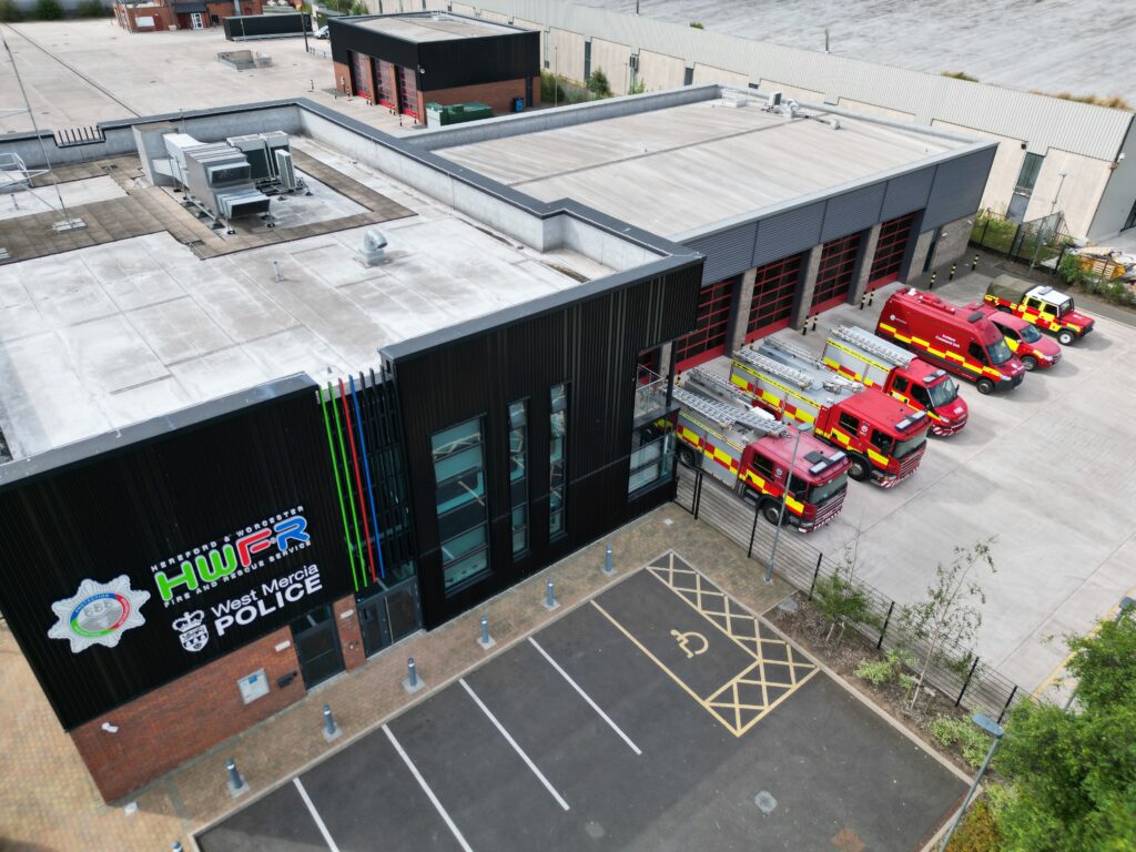 Fire station with vehicles taken from above